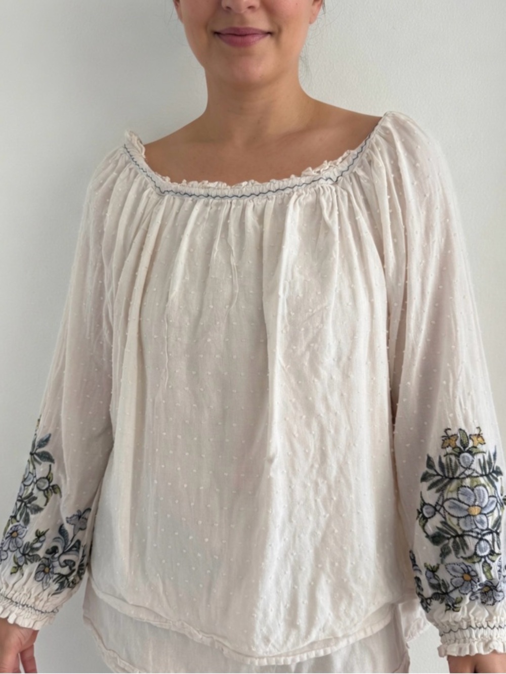 Cream Embroidered Peasant Blouse with Floral Sleeves